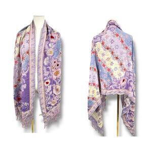 Raj fringe scarf floral embroidered paisley wrap shawl lavender boho cottage OS